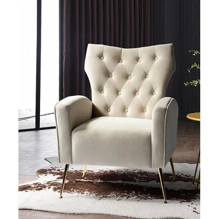 Stuffed Wide Tufted Velvet Wingback Chair for Living Room (Golden Metal Legs)