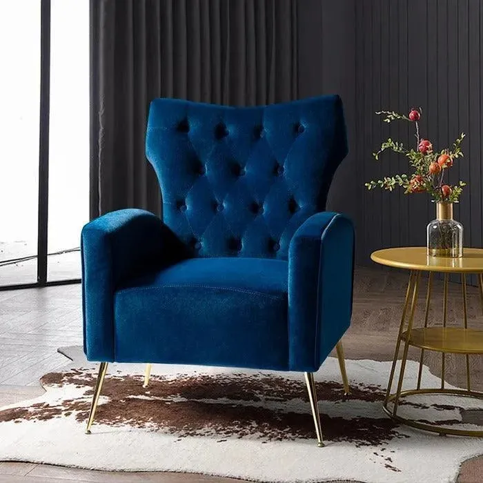 Stuffed Wide Tufted Velvet Wingback Chair for Living Room (Golden Metal Legs)
