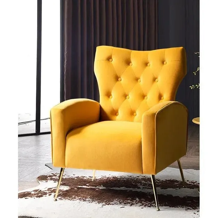 Stuffed Wide Tufted Velvet Wingback Chair for Living Room (Golden Metal Legs)