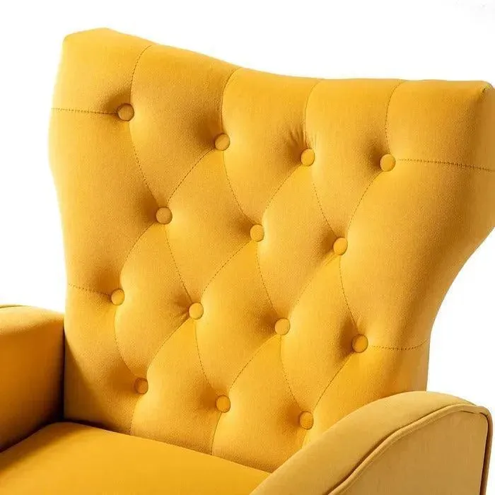 Stuffed Wide Tufted Velvet Wingback Chair for Living Room (Golden Metal Legs)