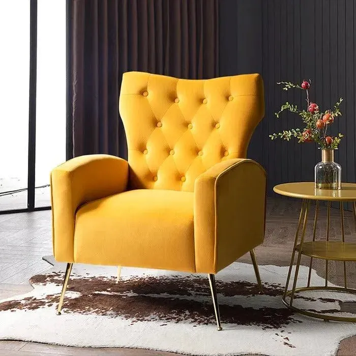 Stuffed Wide Tufted Velvet Wingback Chair for Living Room (Golden Metal Legs)