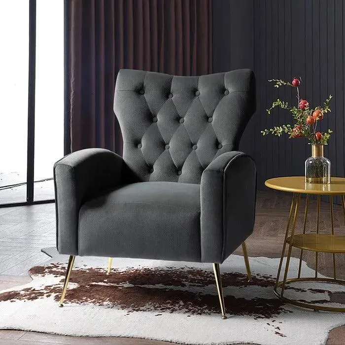 Stuffed Wide Tufted Velvet Wingback Chair for Living Room (Golden Metal Legs)