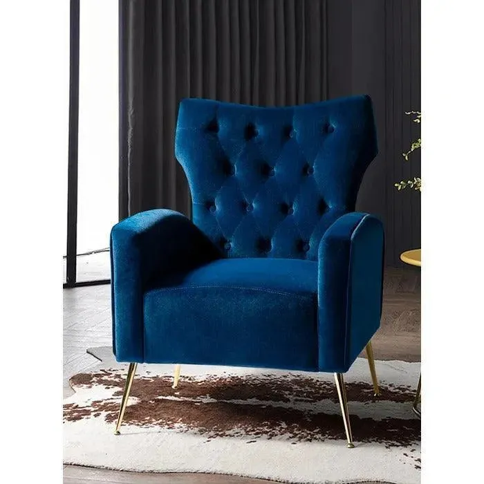 Stuffed Wide Tufted Velvet Wingback Chair for Living Room (Golden Metal Legs)
