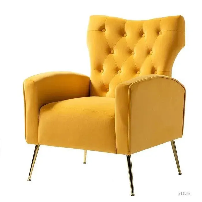 Stuffed Wide Tufted Velvet Wingback Chair for Living Room (Golden Metal Legs)