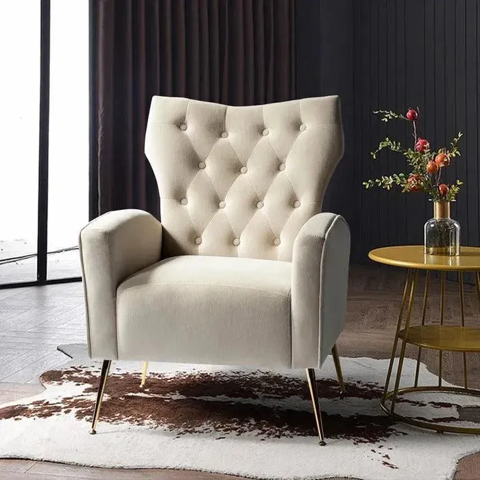 Stuffed Wide Tufted Velvet Wingback Chair for Living Room (Golden Metal Legs)