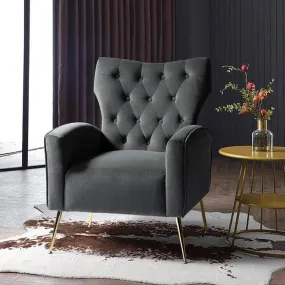 Stuffed Wide Tufted Velvet Wingback Chair for Living Room (Golden Metal Legs)
