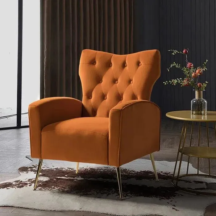 Stuffed Wide Tufted Velvet Wingback Chair for Living Room (Golden Metal Legs)