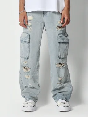 SUMWON Flare Fit Distressed Cargo Jean
