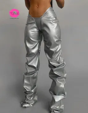 T-BOO  V-Shaped Low Waist Pants Women Fashion Stacked Faux Leather Trousers Casual Skinny Pants