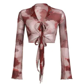 Tie Dye Front Tie Flared Sleeve Top