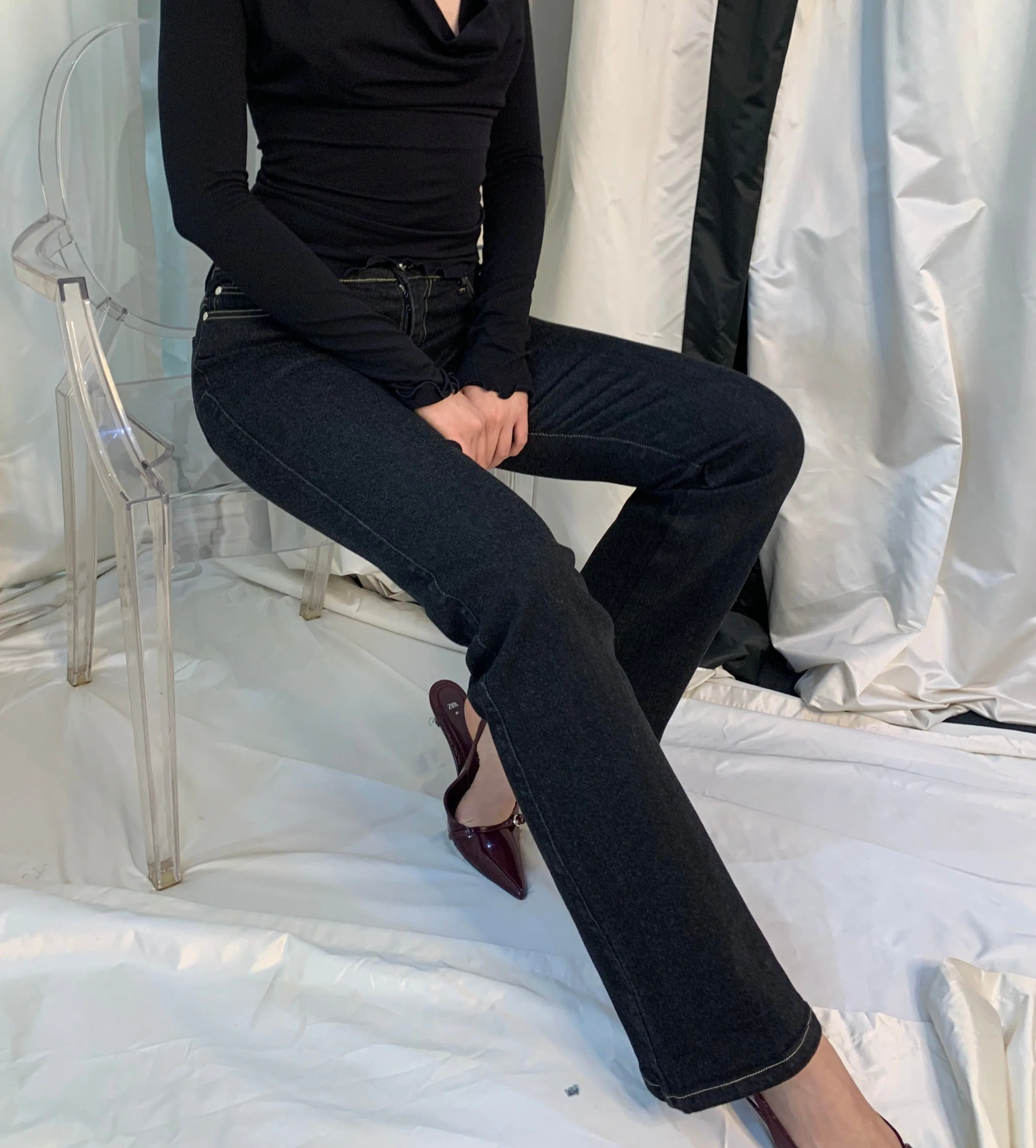 True Boot Leg. 1989. Low Rise. Stretch. Black Denim.
