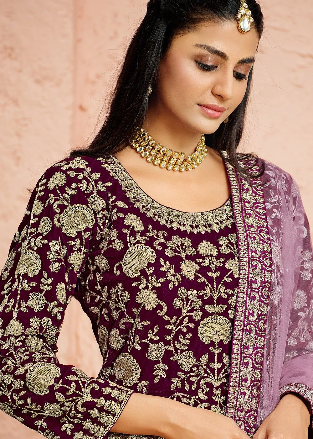 Velvet Fabric Purple Embroidered Anarkali Suit