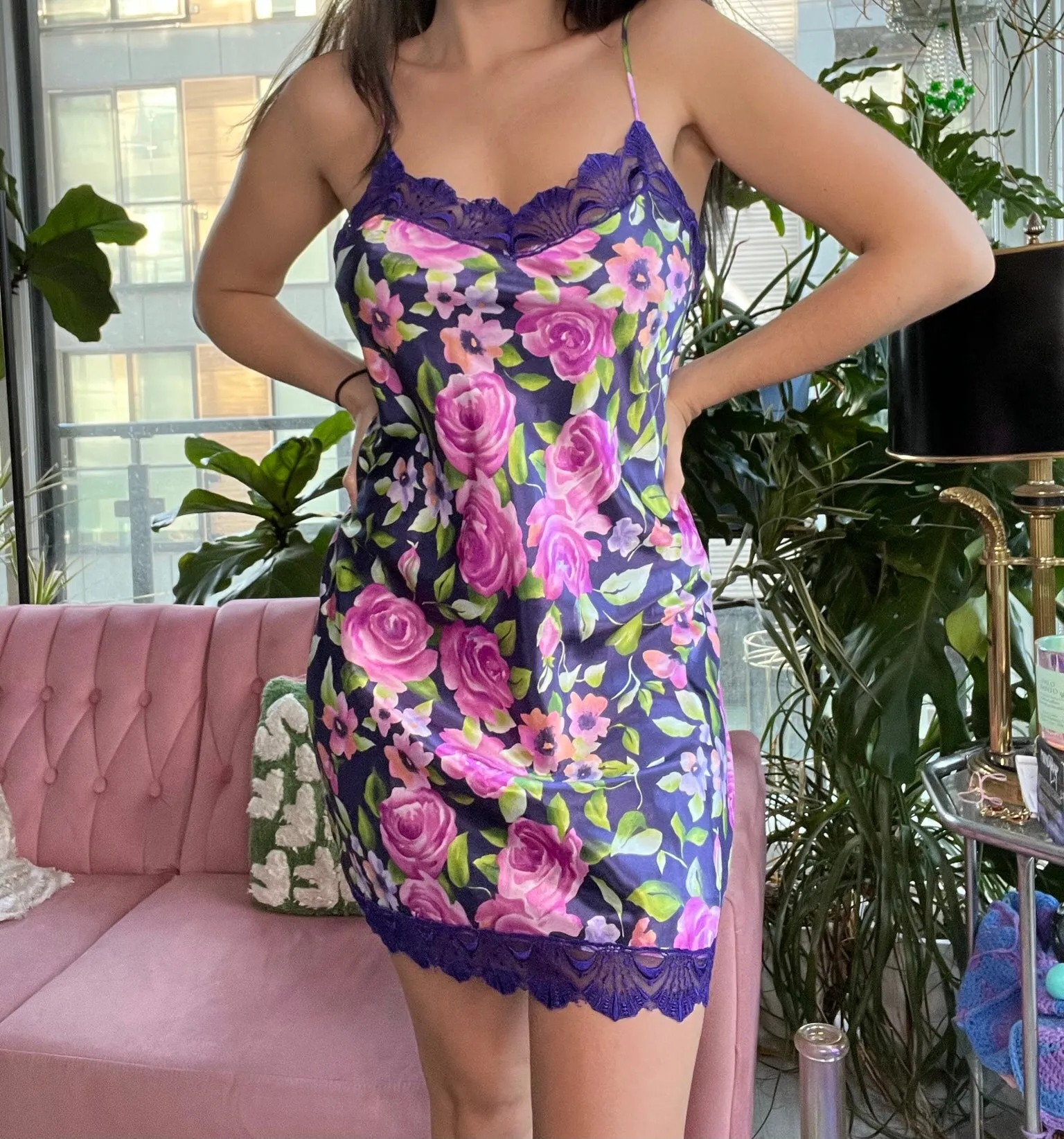 Vintage Satin Purple Floral Slip Dress sz Medium