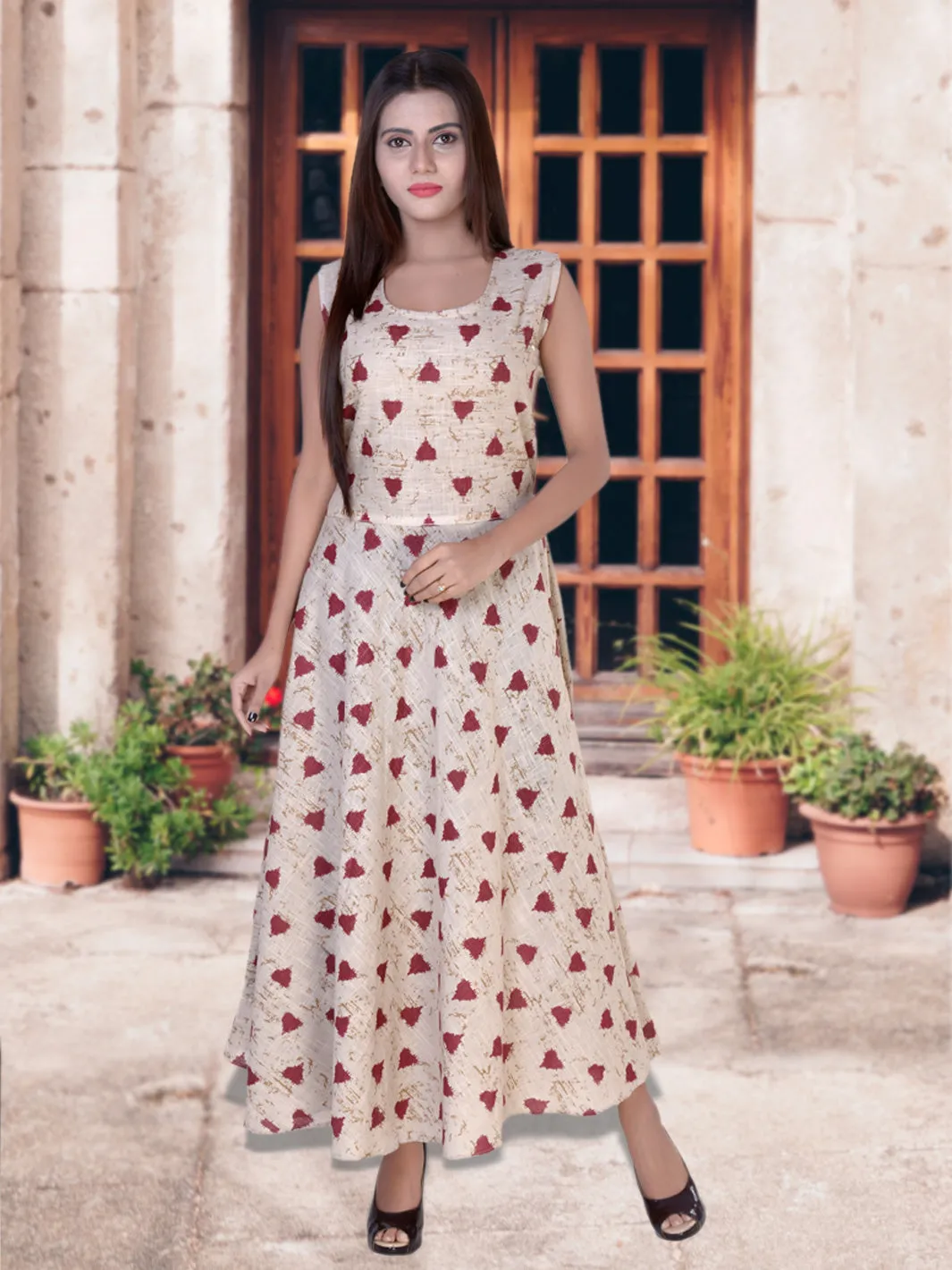 Women Cotton Printed Maxi Long Dress Red Heart