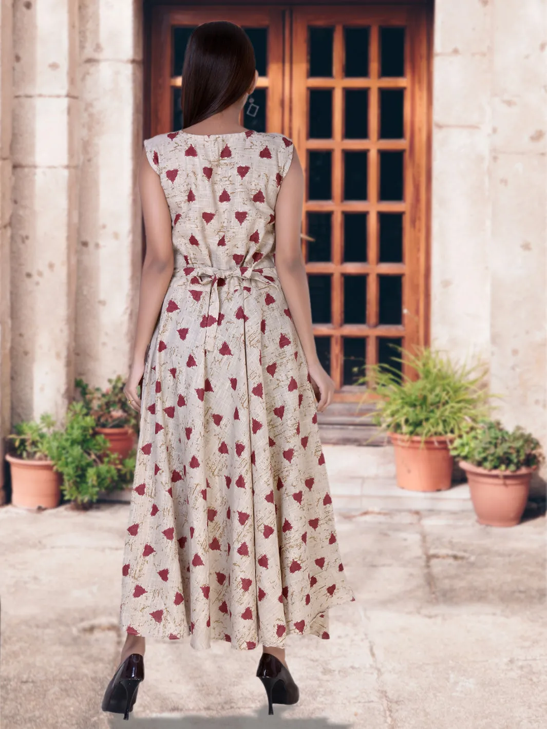Women Cotton Printed Maxi Long Dress Red Heart