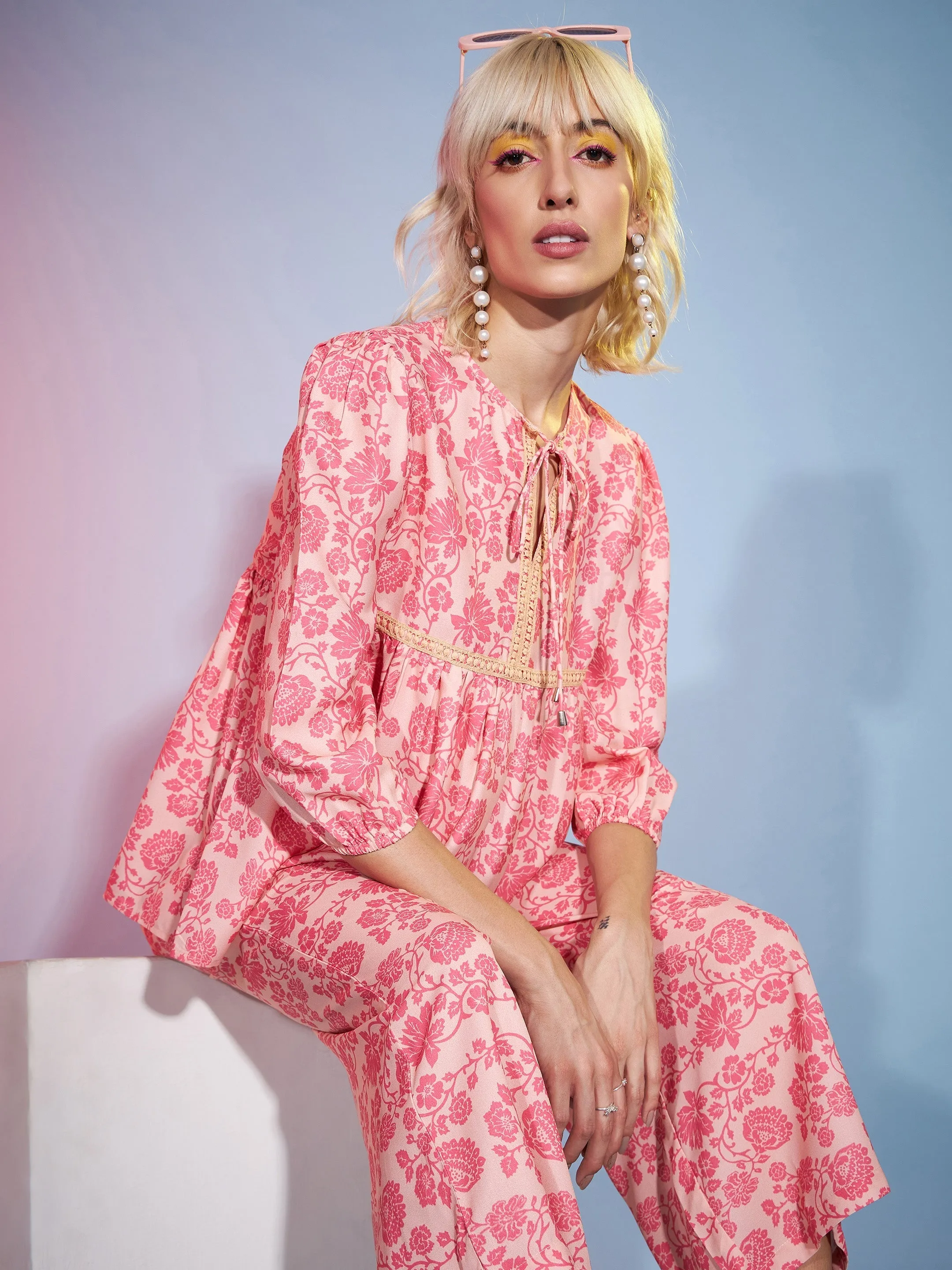 Women Peach Floral Lace Peplum Top With Straight Pants