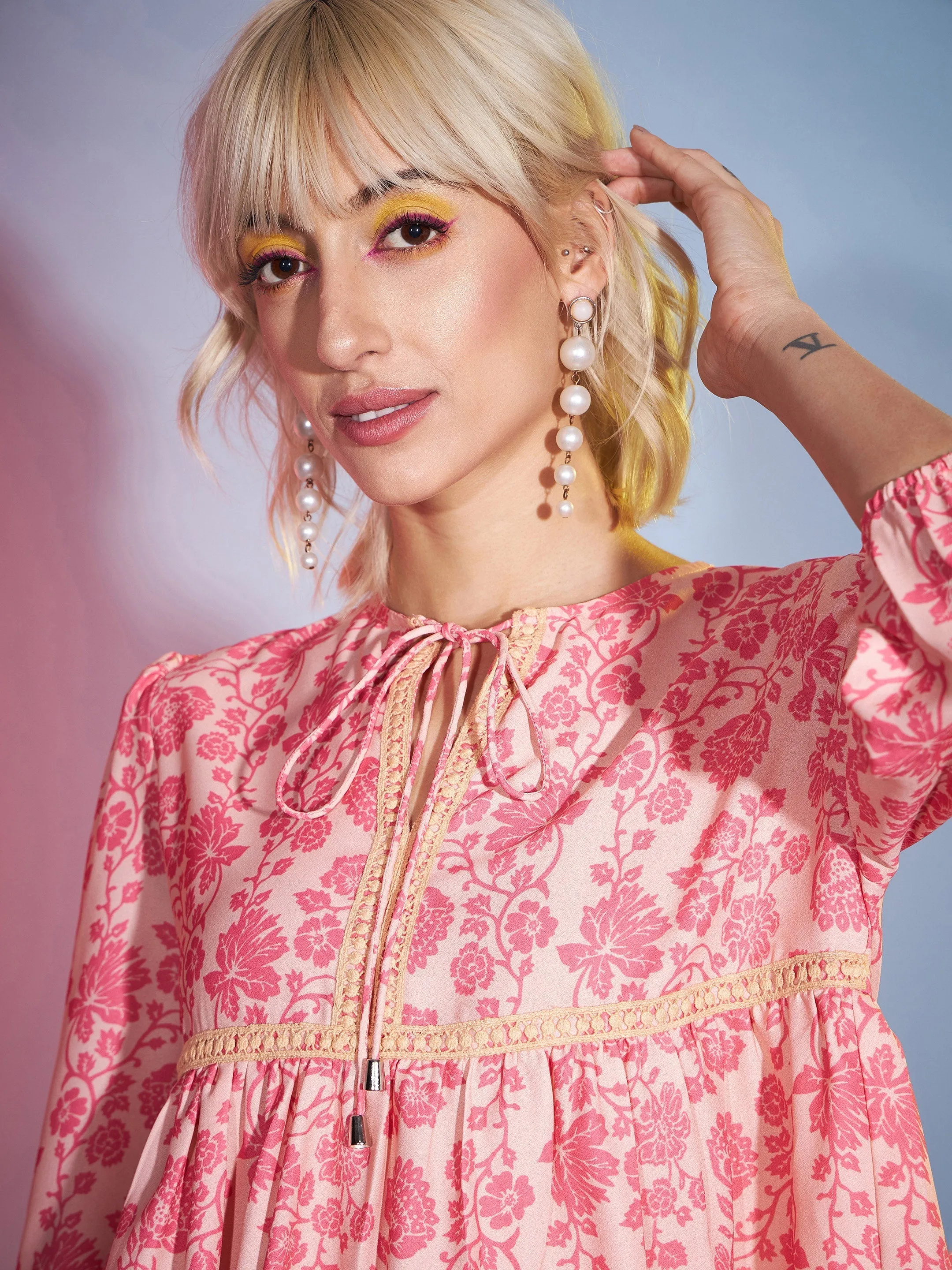 Women Peach Floral Lace Peplum Top With Straight Pants