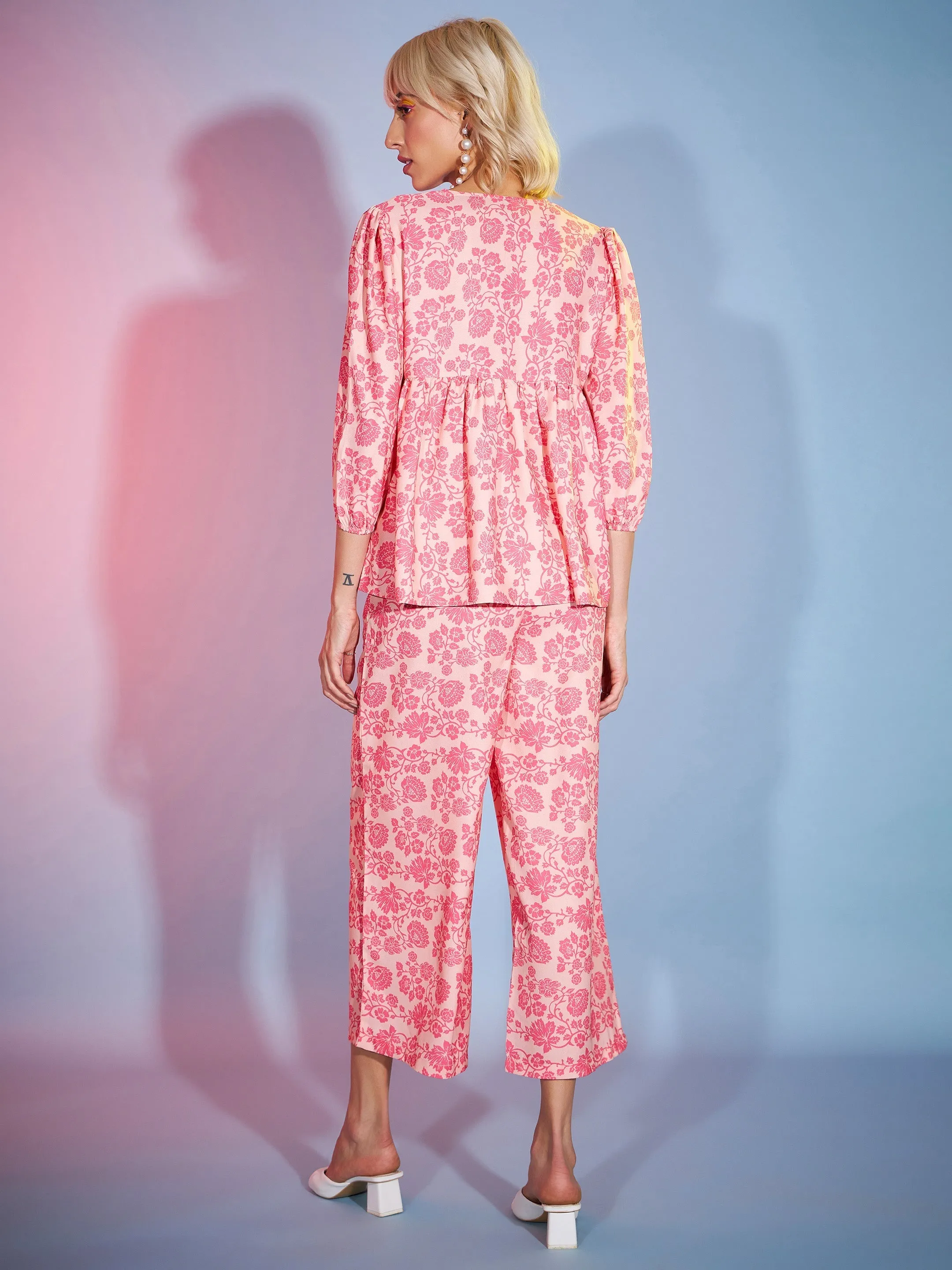 Women Peach Floral Lace Peplum Top With Straight Pants