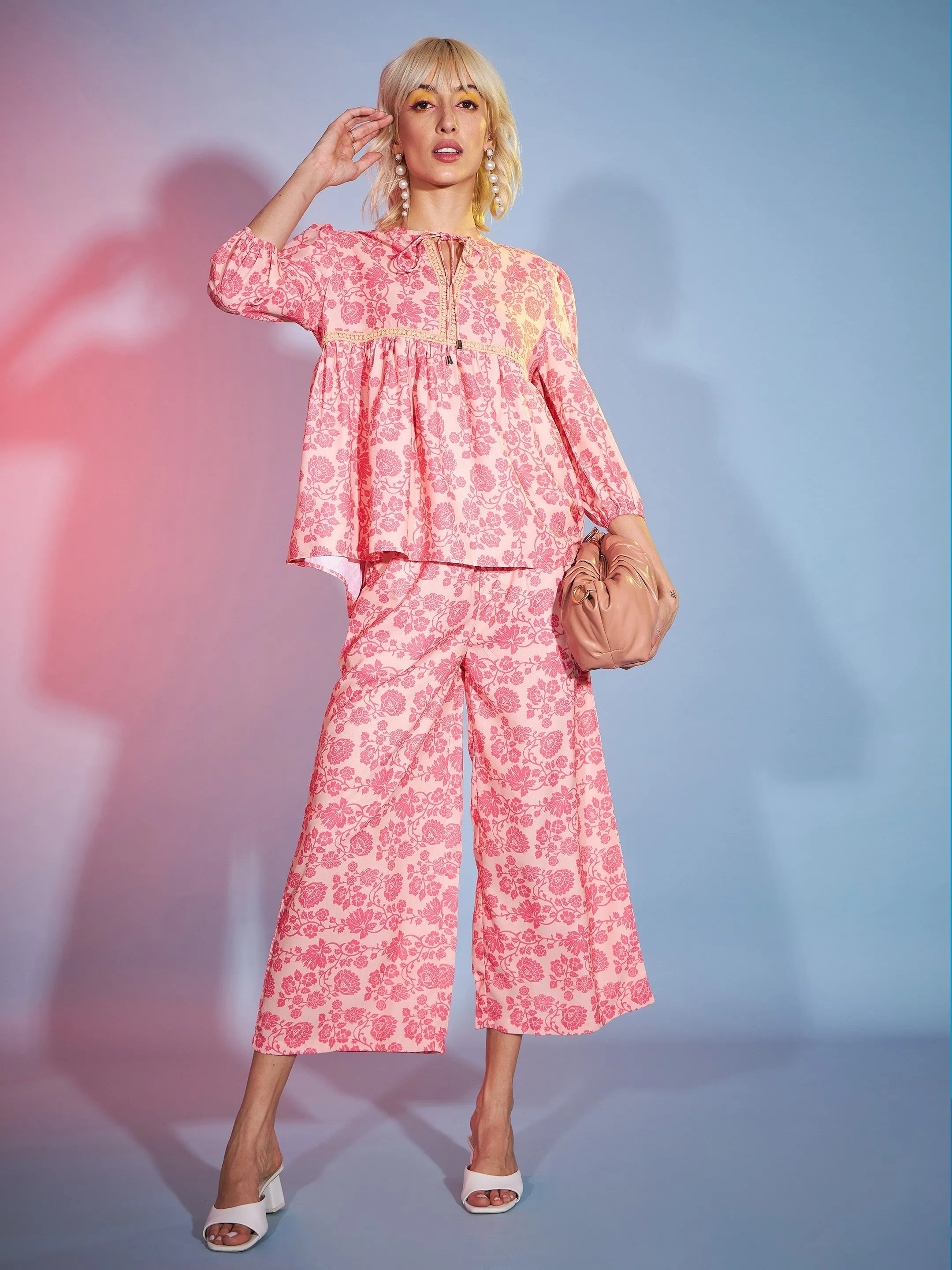 Women Peach Floral Lace Peplum Top With Straight Pants