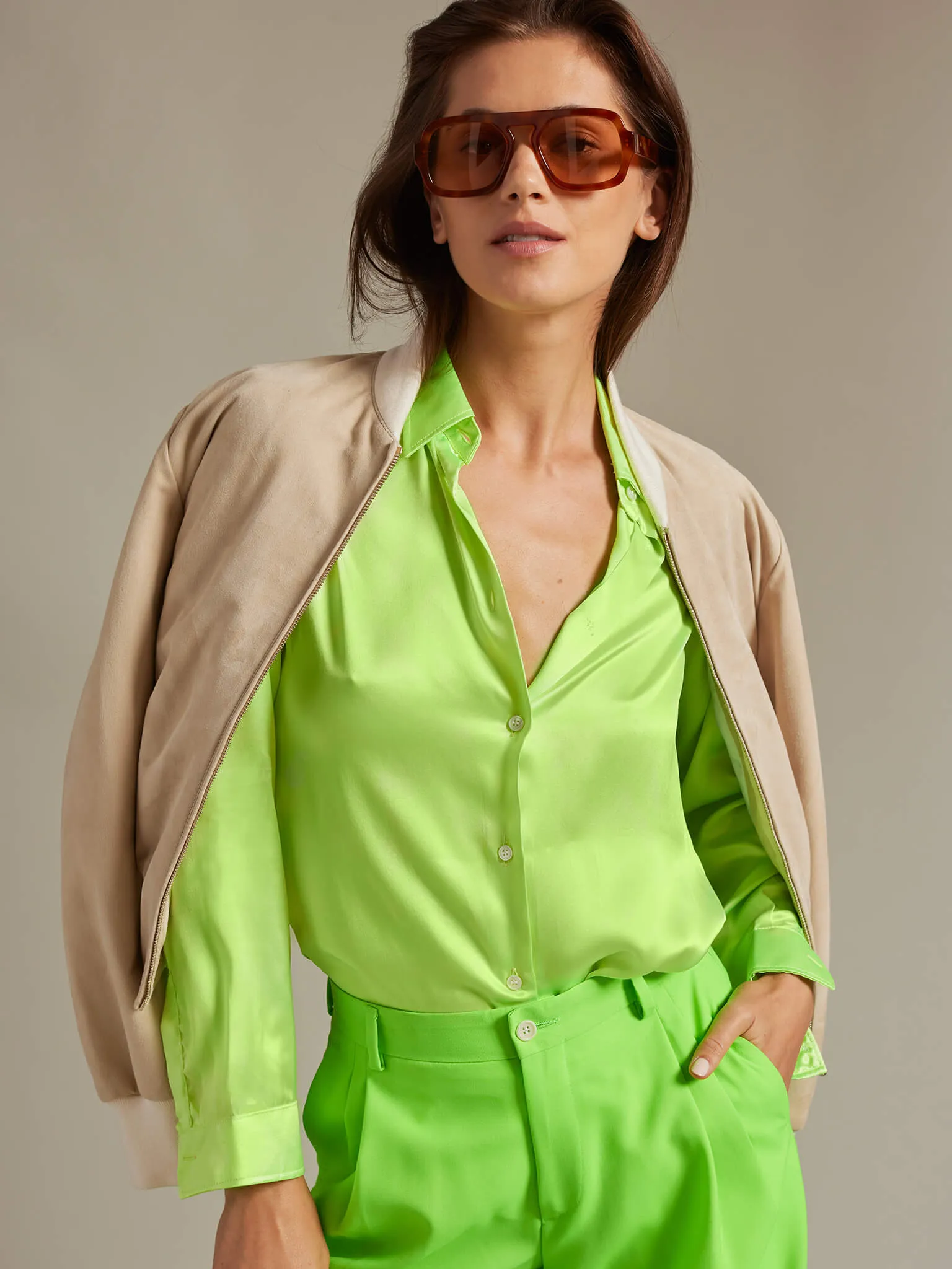 Women’s Baggy Double Pleated Pant In Lime Green