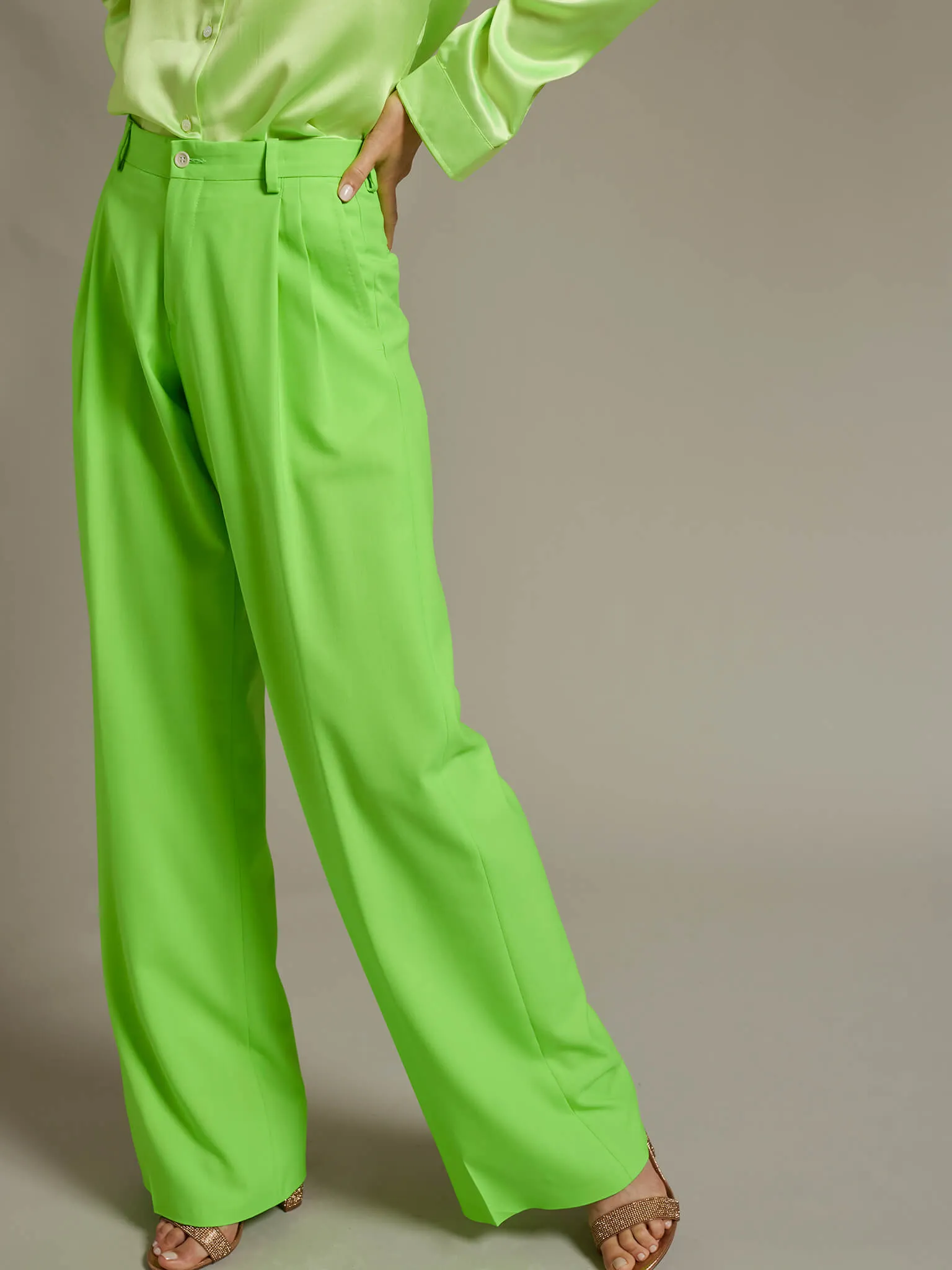Women’s Baggy Double Pleated Pant In Lime Green