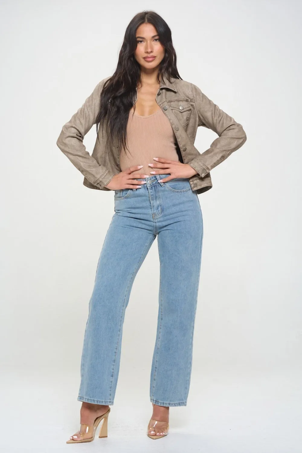 Womens Coalition LA Button Down Cargo Vegan Leather Shacket (S,M,L)