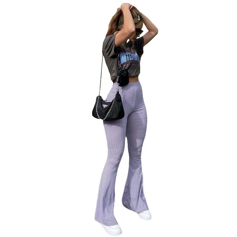 Women's High Waist Ribbed Knit Flare Pants SIZE S-L
