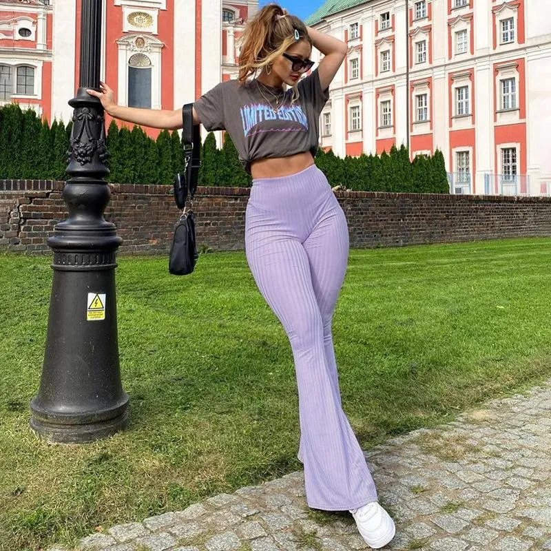 Women's High Waist Ribbed Knit Flare Pants SIZE S-L