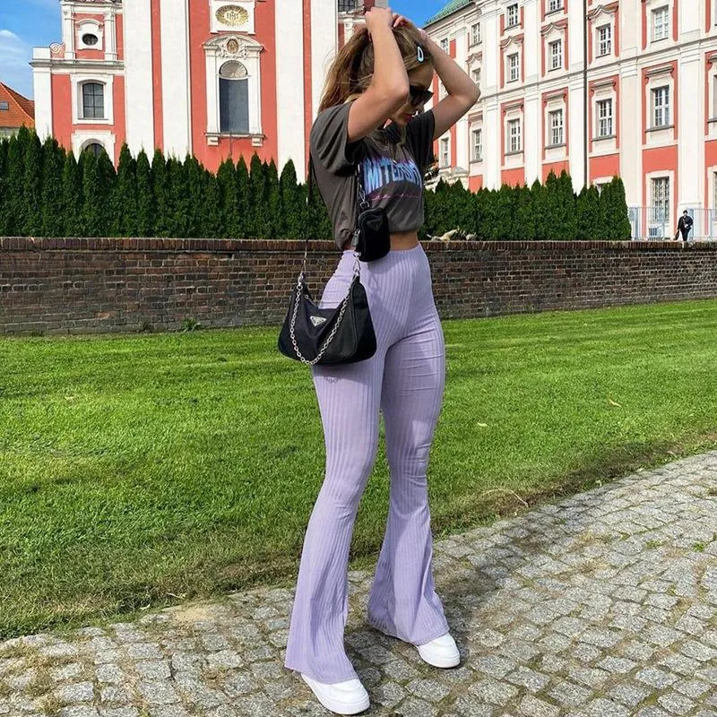 Women's High Waist Ribbed Knit Flare Pants SIZE S-L