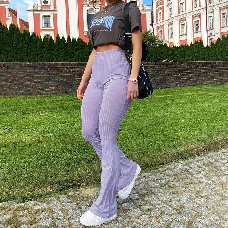 Women's High Waist Ribbed Knit Flare Pants SIZE S-L