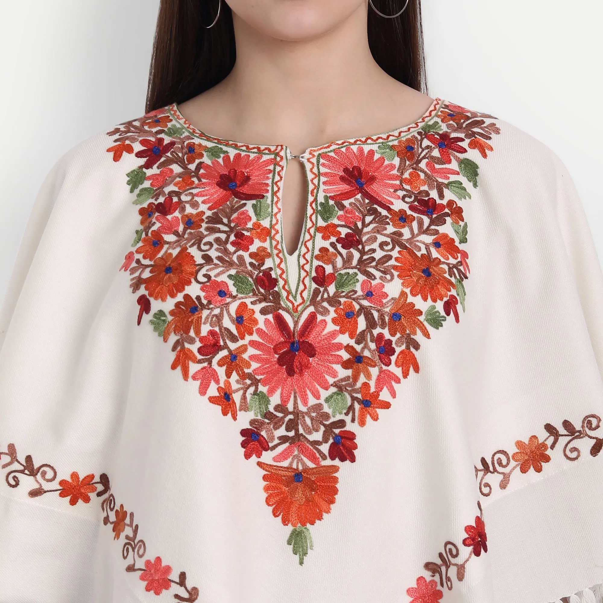 Woollen Poncho with Kashmiri Embroidery and Silk Lining | White
