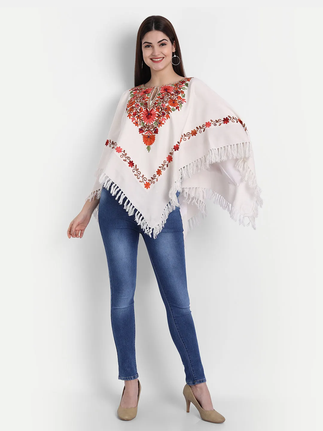 Woollen Poncho with Kashmiri Embroidery and Silk Lining | White