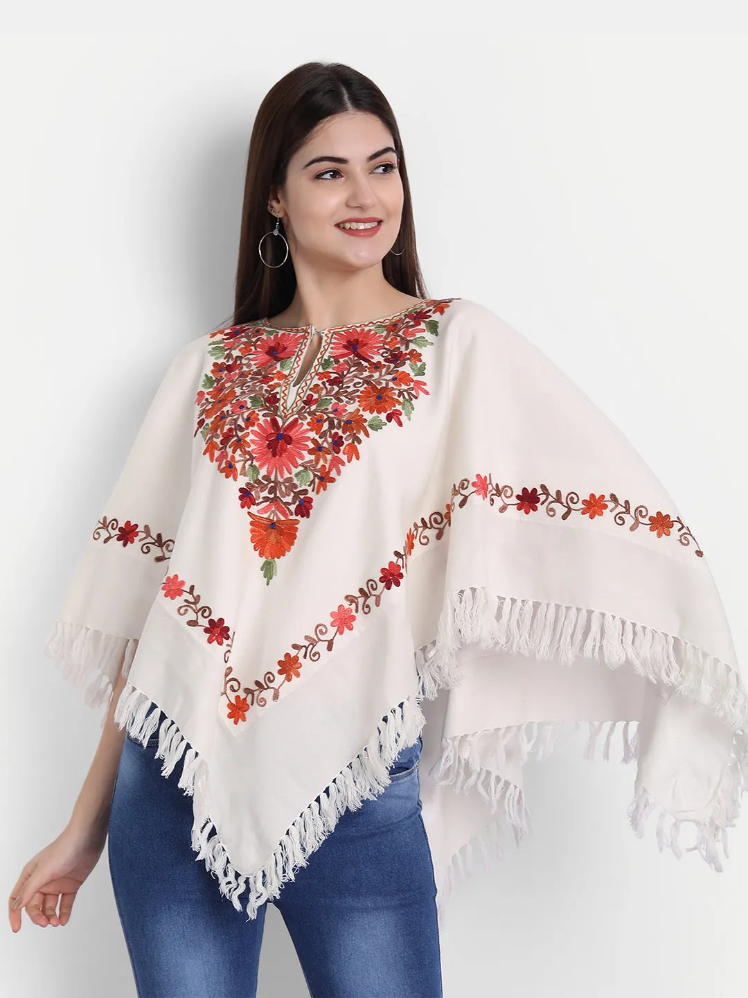 Woollen Poncho with Kashmiri Embroidery and Silk Lining | White
