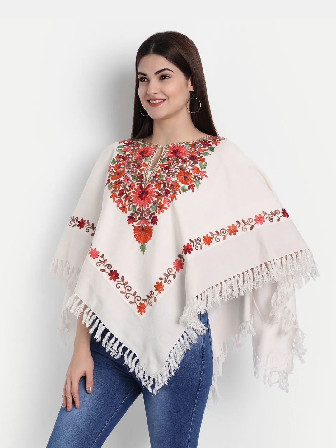 Woollen Poncho with Kashmiri Embroidery and Silk Lining | White