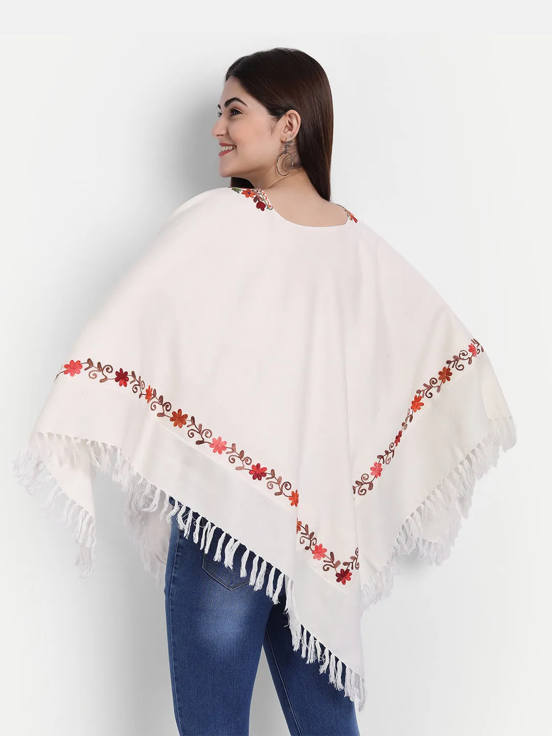 Woollen Poncho with Kashmiri Embroidery and Silk Lining | White