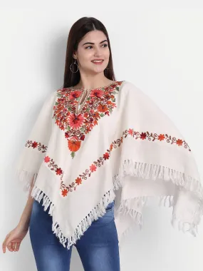 Woollen Poncho with Kashmiri Embroidery and Silk Lining | White