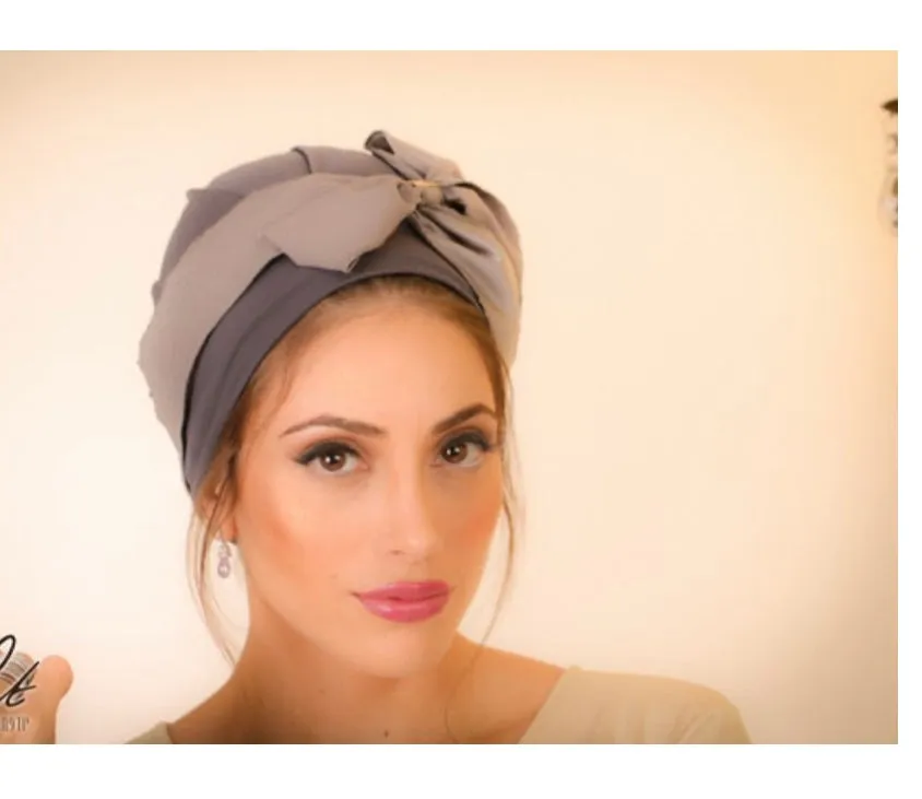 Yodfat Cotton Contrasting Gray Slip-on Turban with Big Bow