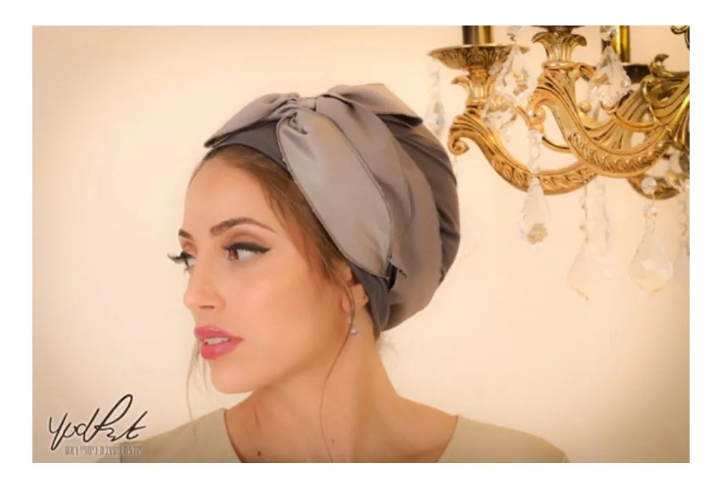 Yodfat Cotton Contrasting Gray Slip-on Turban with Big Bow