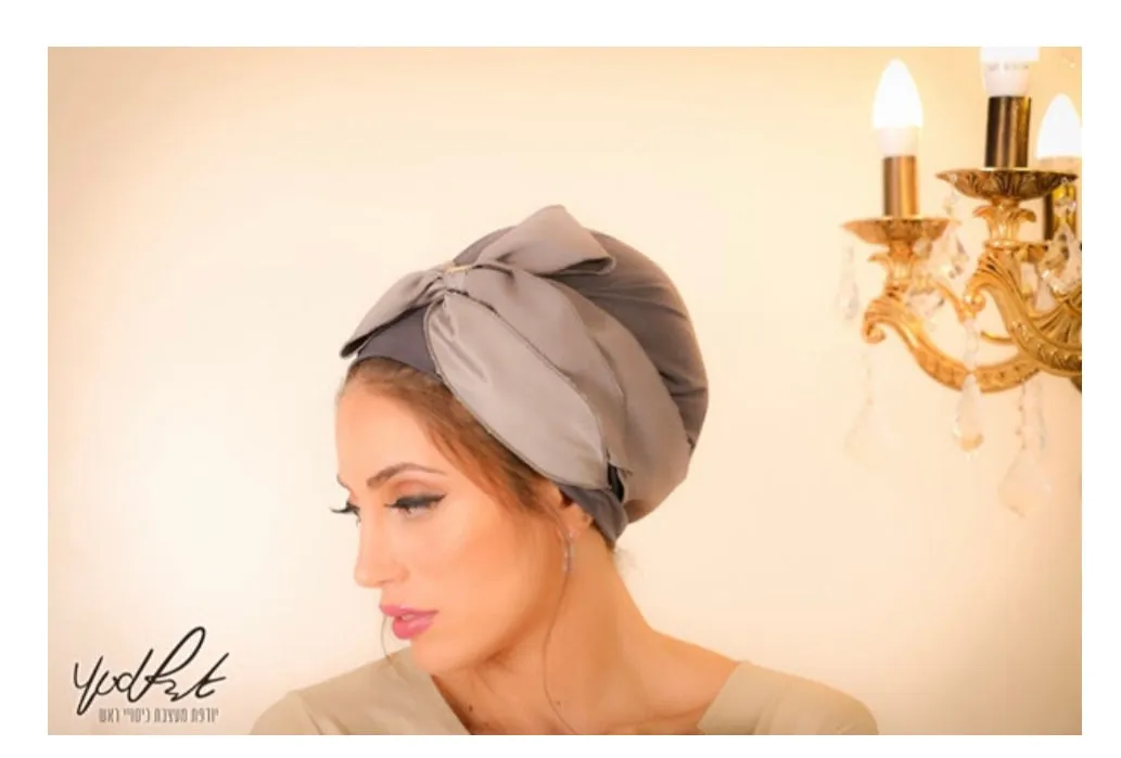 Yodfat Cotton Contrasting Gray Slip-on Turban with Big Bow